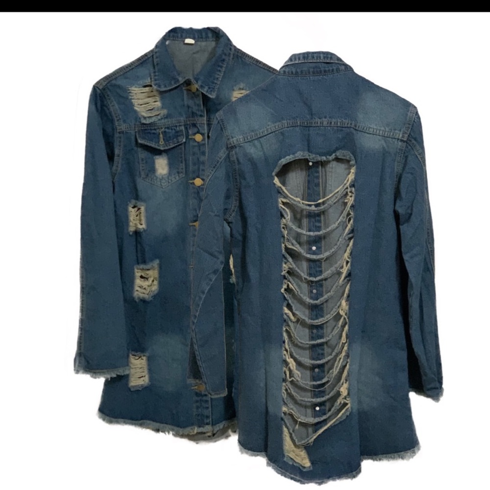 Distressed Denim Jacket Long - Jean - Picture 6 of 6